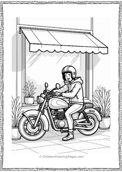 Motorcyclist Relaxing At A Cafe Free PDF Printable