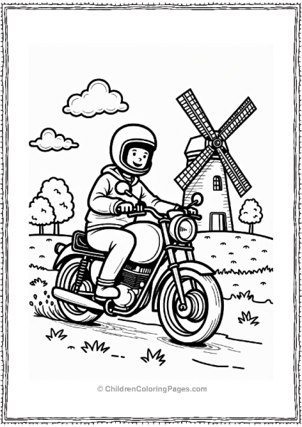 Motorcyclist Riding Past A Windmill Free PDF Printable