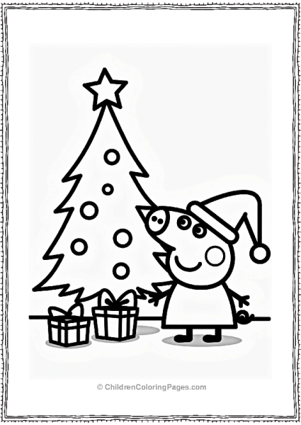 Peppa Pig In A Santa Hat By Christmas Tree Free PDF Printable