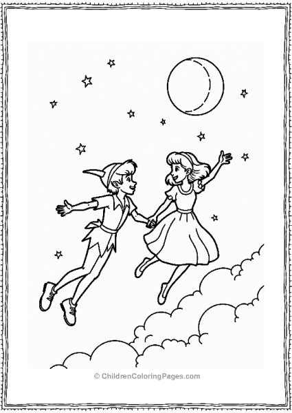 Peter Pan And Wendy Flying Through The Sky Free PDF Printable