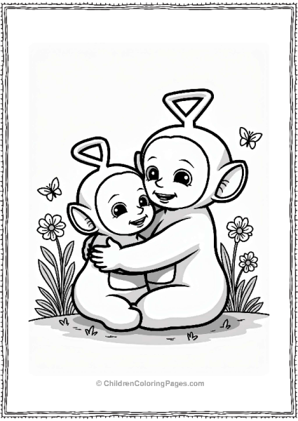 Teletubbies Laa Laa And Po Cuddling Among Flowers Free PDF Printable