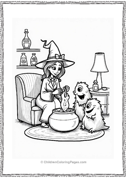 Witch Mixing Potions In Cozy Lounge Free PDF Printable