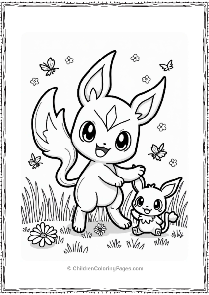 Espeon Playing With Pichu In A Flower Field Free PDF Printable