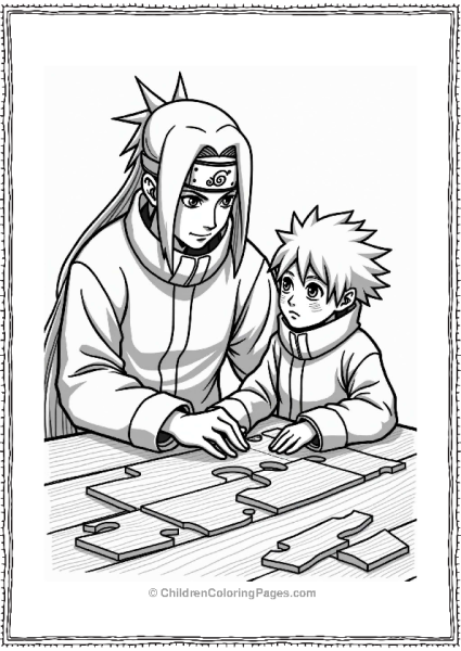 Itachi Helping A Young Shinobi With A Puzzle Free PDF Printable