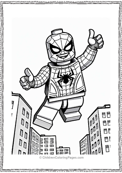 Lego Avengers Spider Man Swinging Among Lego Buildings Free PDF Printable
