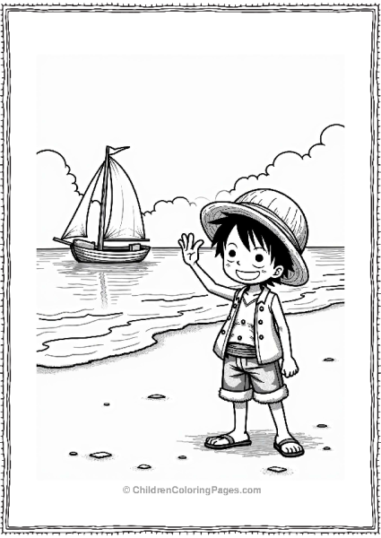 Luffy Waving At A Sailboat On The Beach Free PDF Printable