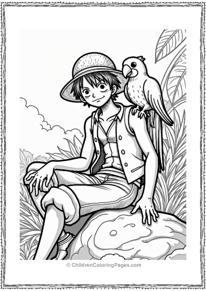 Luffy With Parrot On A Rock Free PDF Printable