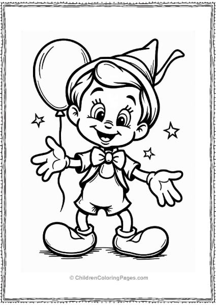 Pinocchio Smiling With Stars And Balloons Free PDF Printable