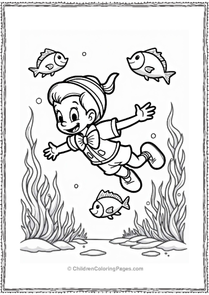 Pinocchio Swimming With Colorful Fish Free PDF Printable