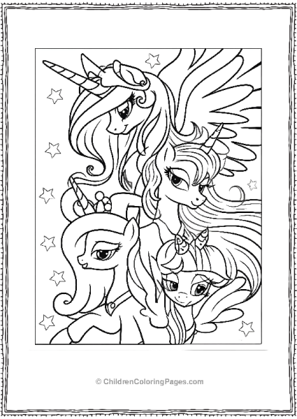 Princess Celestia And Four Cartoon Ponies With Long Hair Free PDF Printable