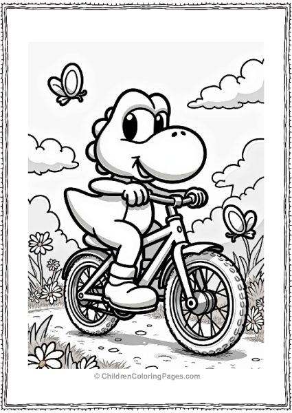 Super Smash Bros Yoshi Riding A Bicycle In A Colorful Park Free PDF Printable