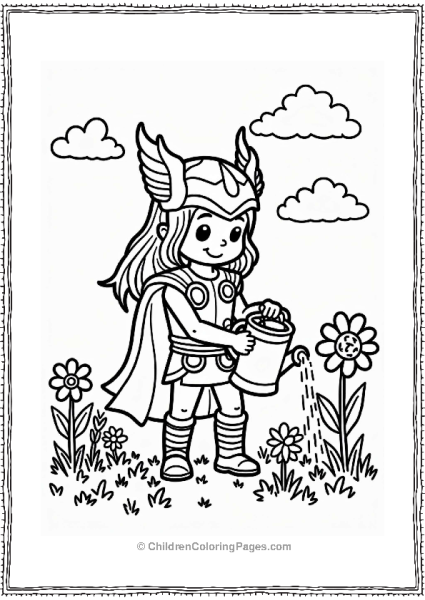 Thor Watering Flowers In A Garden Free PDF Printable