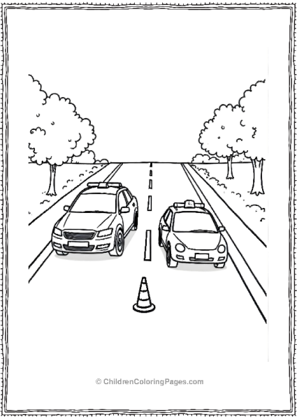A Two Lane Road Scene With Cones Ahead With A Police Car Free PDF Printable