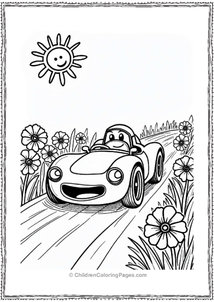 Cheerful Race Car In A Field Of Flowers Free PDF Printable