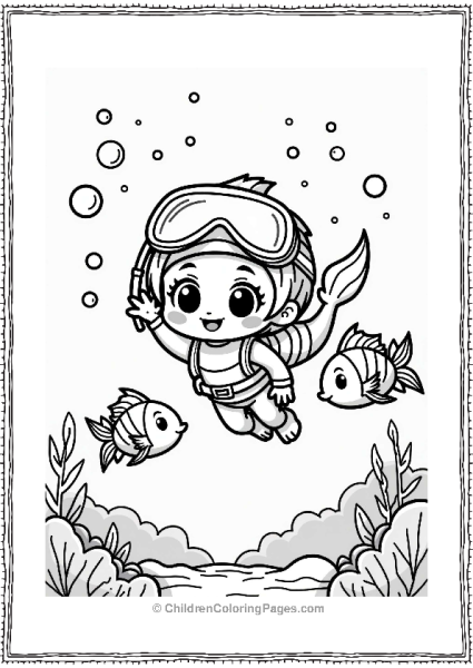 Chibi Diver Waving At Colorful Fish Free PDF Printable