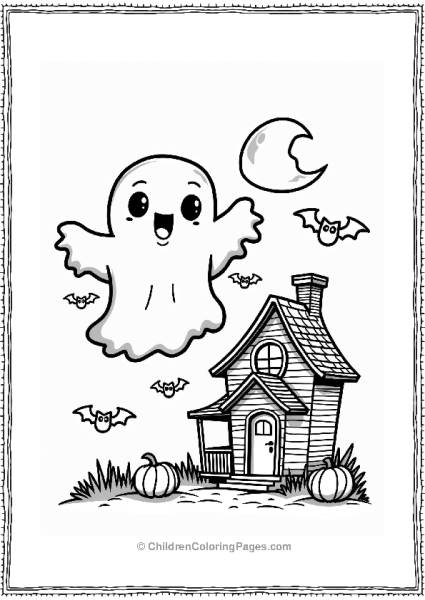 Chibi Ghost Outside Haunted House Free PDF Printable