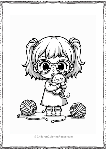 Chibi Girl With Kitten And Yarn Balls Free PDF Printable