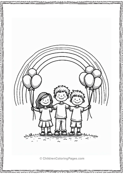 Children With Rainbow Balloons Under A Rainbow Free PDF Printable
