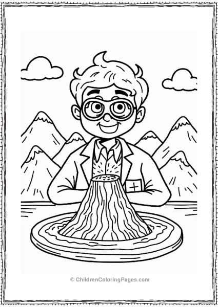 Community Helpers Cheerful Scientist Observing Volcano Eruption Free PDF Printable
