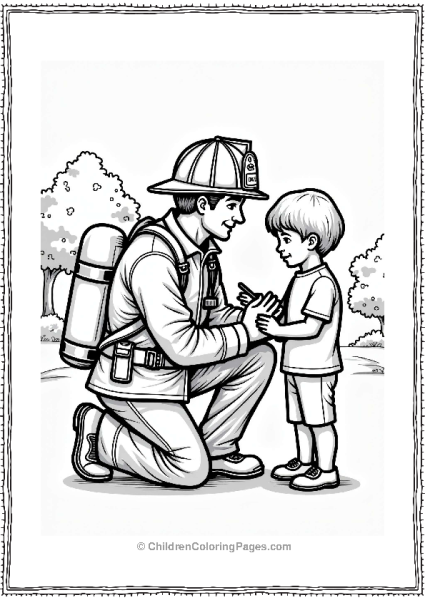Community Helpers Firefighter Assisting Child In Park Free PDF Printable