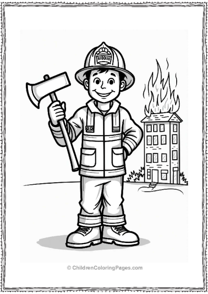 Community Helpers Firefighter With Axe In Front Of Burning Building Free PDF Printable