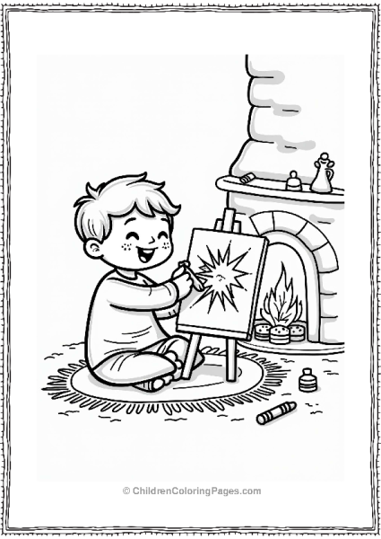 Cozy Cheerful Character Painting By The Fireplace Free PDF Printable