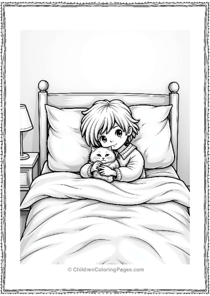 Cozy Child With Kitten In Bed Free PDF Printable
