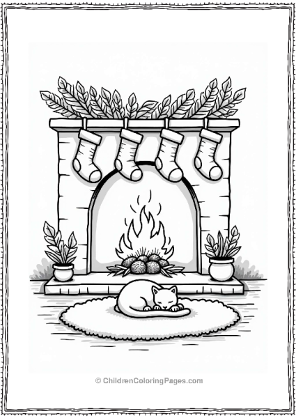 Cozy Fireplace With Cat And Stockings Free PDF Printable
