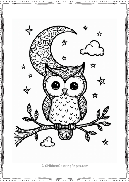 Cute Owl Under A Zentangle Moon Free PDF Printable