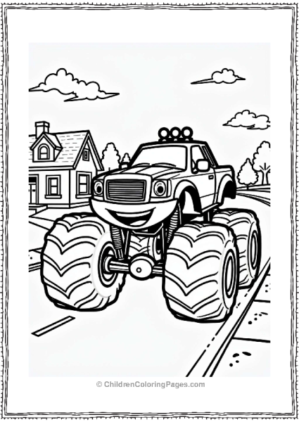 Friendly Monster Jam Truck In A Neighborhood Free PDF Printable