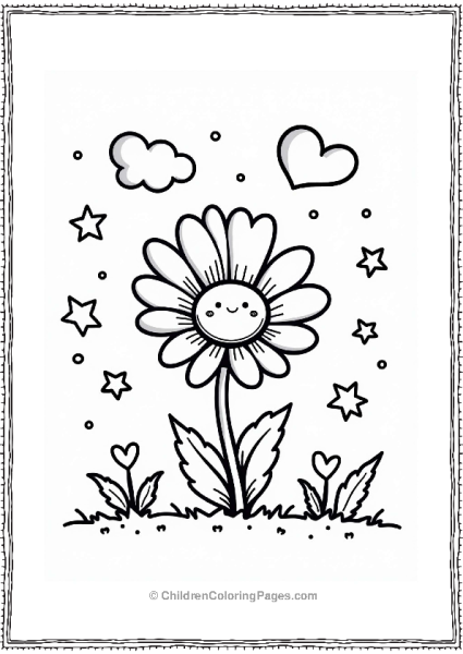 Heart Shaped Daisy Among Stars And Clouds Free PDF Printable