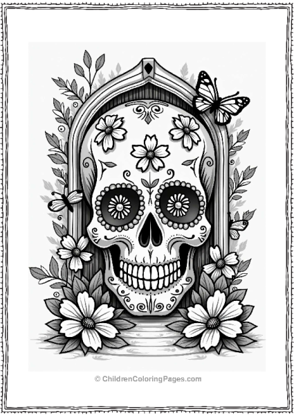 Intricate Sugar Skull With Flowers And Butterflies Free PDF Printable