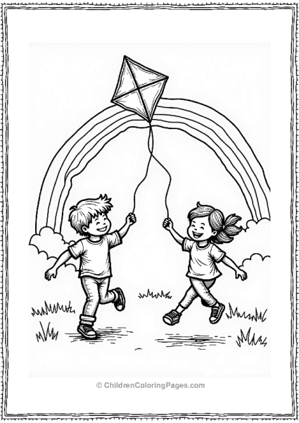 Kids Playing With A Rainbow Kite Free PDF Printable