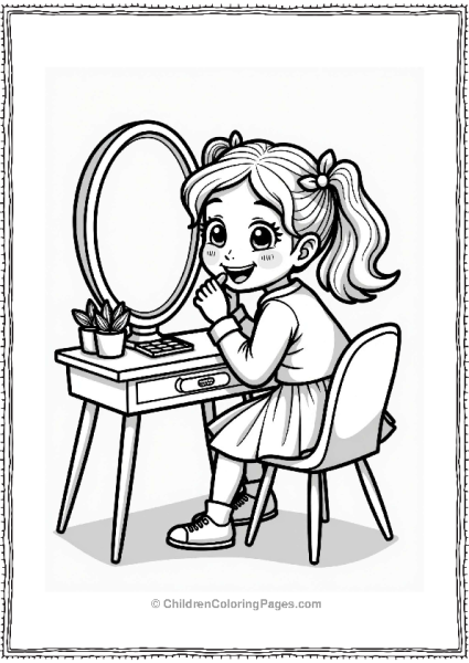 Makeup Theme Cheerful Girl Applying Lipstick At Vanity Free PDF Printable