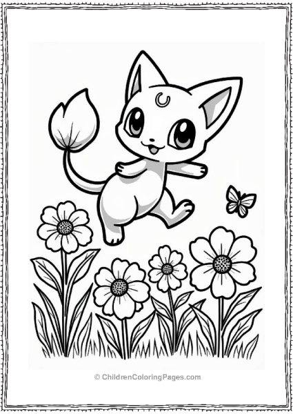 Mew Among Whimsical Flowers Free PDF Printable