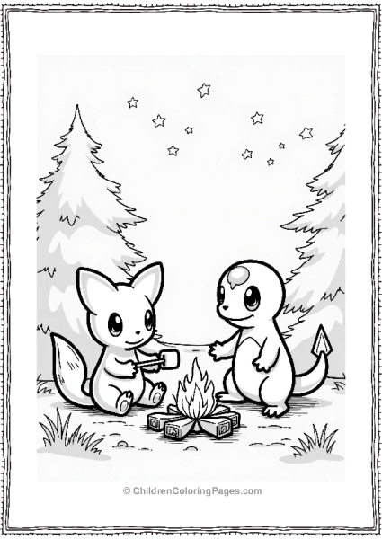 Mew And Charmander By A Campfire Free PDF Printable