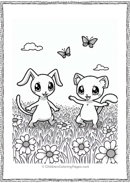 Mew And Chikorita In A Flower Field Free PDF Printable