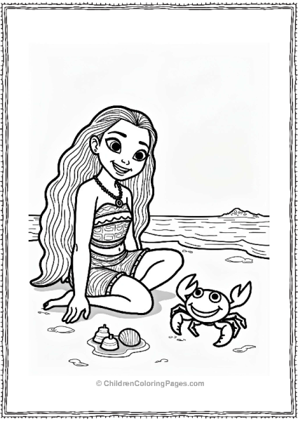Moana With A Happy Crab On The Beach Free PDF Printable