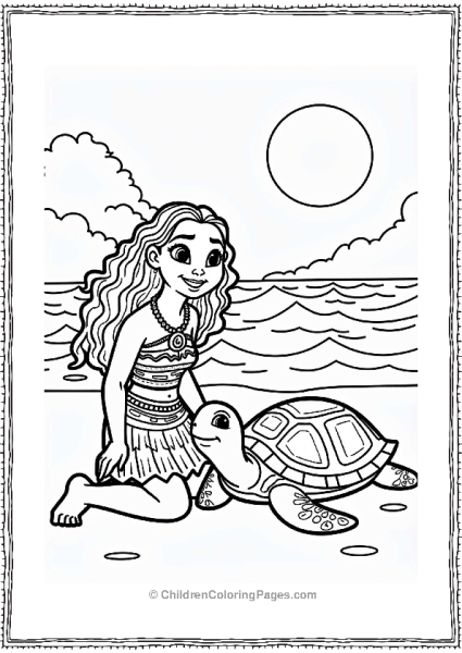 Moana With A Sea Turtle On The Beach Free PDF Printable