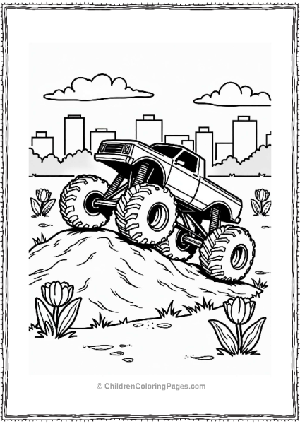 Monster Jam Truck Climbing In Urban Park Free PDF Printable