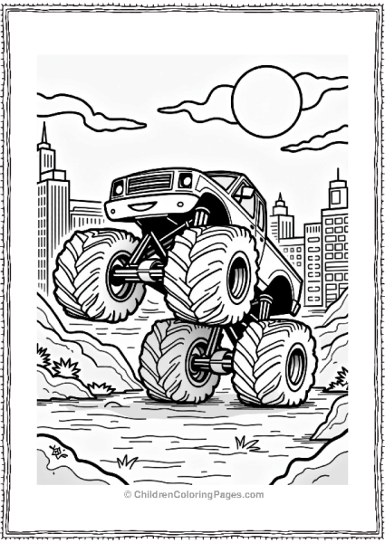 Monster Jam Truck Wheelie In Front Of City Mural Free PDF Printable