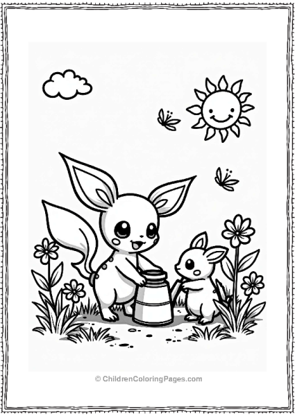 Pichu Watering Flowers In The Garden Free PDF Printable
