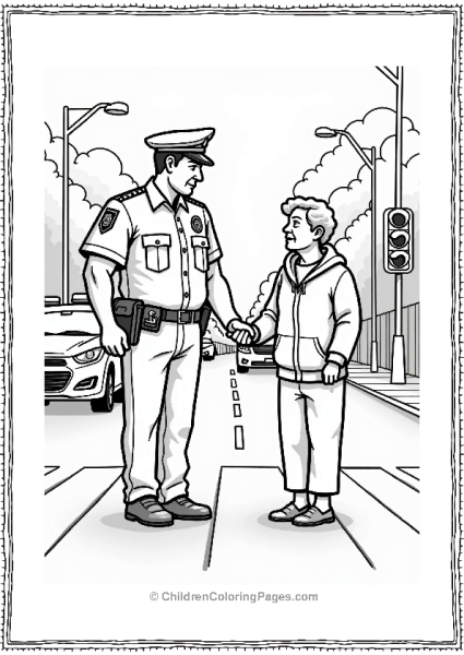 Police Friendly Officer Assisting Elderly Crossing Street Free PDF Printable