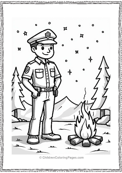 Police Officer By A Campfire At Night Free PDF Printable
