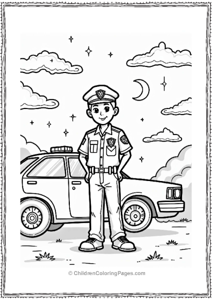 Police Officer By Patrol Car Under Starry Sky Free PDF Printable