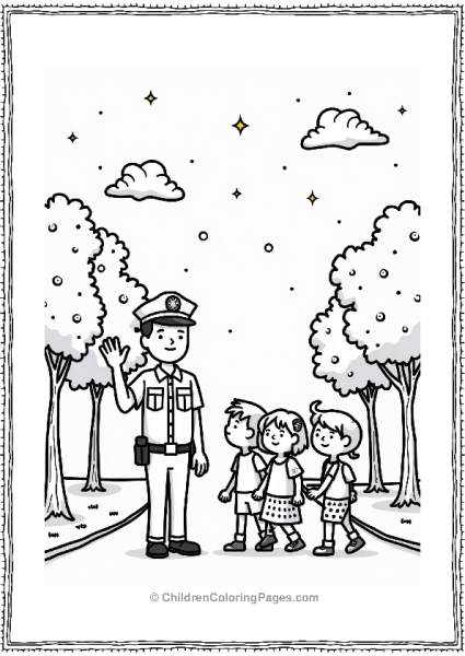 Police Officer Waving To Children Under Starlit Sky Free PDF Printable