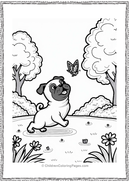 Pug Chasing A Butterfly In The Park Free PDF Printable
