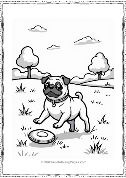 Pug Chasing A Frisbee In The Park Free PDF Printable
