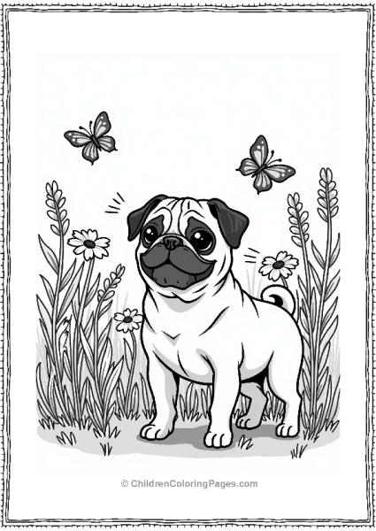 Pug Exploring A Flower Garden Free PDF Printable