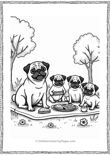 Pug Family Picnic Scene Free PDF Printable